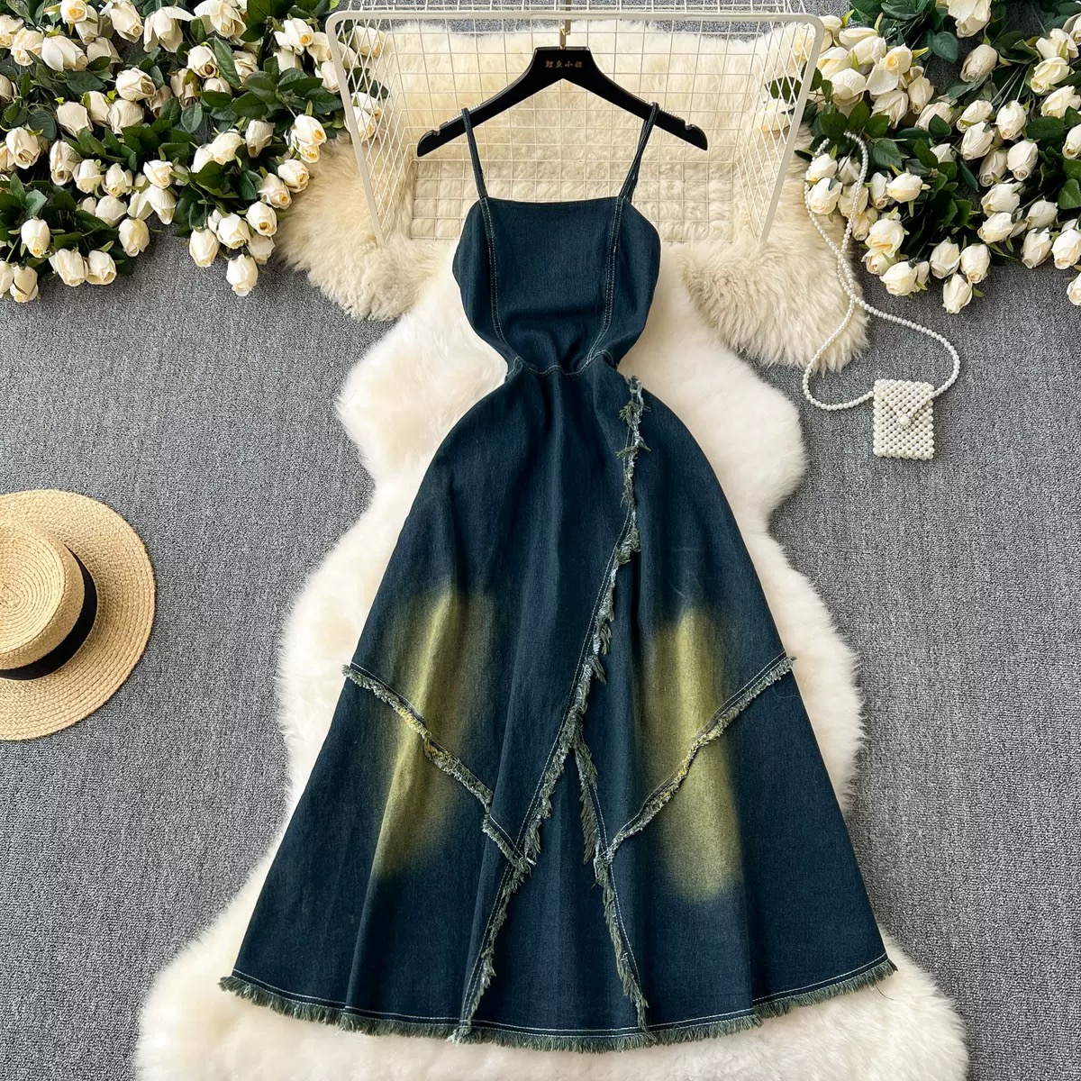 European and American Retro Denim Straps Dress Waist Temperament Strapless Tassel Suspender Dress