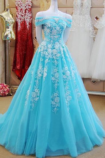 Blue tulle prom dress, long lace prom dress, appliques formal prom dress, crystal evening dress,Custom Made