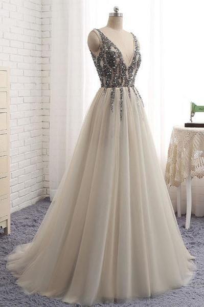 Elegant Tulle Prom Dress, Sequins Long Party Dress, V-Neck White Evening Dress,Custom Made
