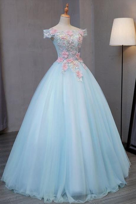 Off Shoulder prom dress, floral dress, blue evening dress quinceanera dress,Custom Made