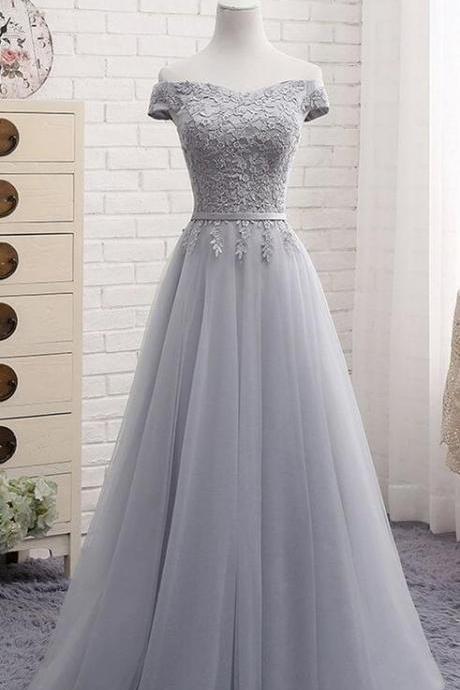 Gray tulle off shoulder party dress long A-line senior prom dress simple bridesmaid dress,Custom Made