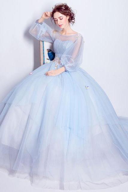Long sleeves prom dress light blue party dress ball gown with appliques,Custom Made