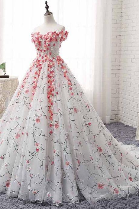 White floral tulle sweetheart 3D flower applique A-line evening dress, homecoming dress with sleeve,Custom Made
