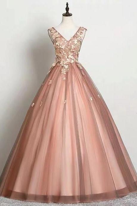 Pink party dress v neck evening dress tulle applique prom dress backless ball gown dress,Custom Made