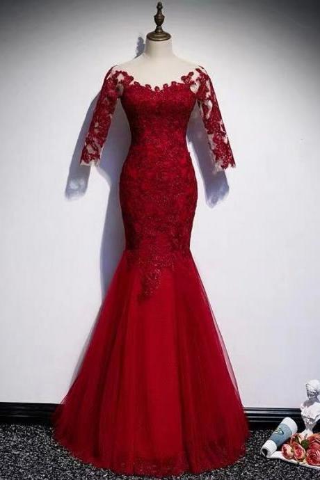 Red party dress mermaid long prom dress lace applique formal dress tulle evening dress,Custom Made