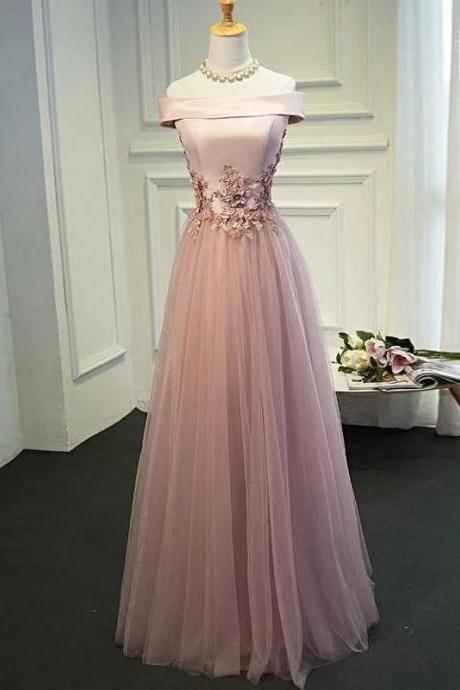 Pink party dress off shoulder evening dress satin long prom dress tulle applique formal dress,Custom Made