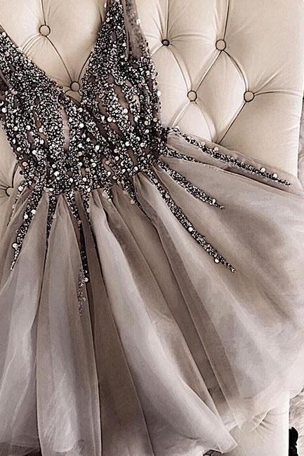 Gray V-Neck Beaded Tulle Homecoming Dress,Short A-Line Prom Dress,Custom Made