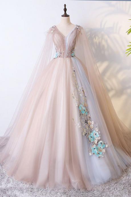 Romantic Tulle V Neck Long Evening Dress,lace Appliques Senior Prom Dress,custom Made