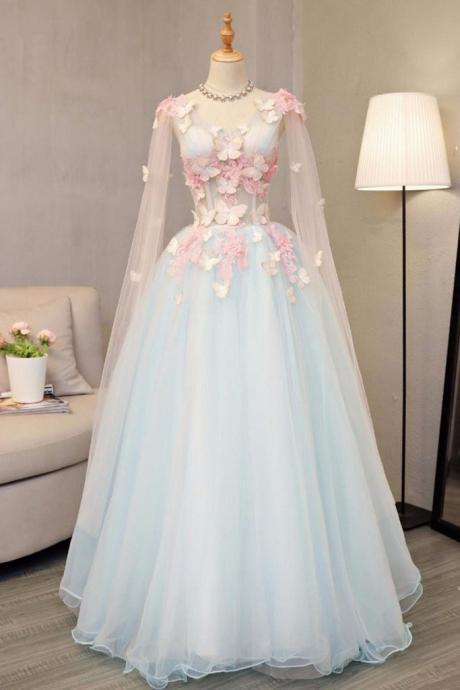 Sky Blue Tulle ,long A-line Prom Dress, Long V Neck ,butterfly Party Dress,party Dress,sexy Custom Made , Fashion