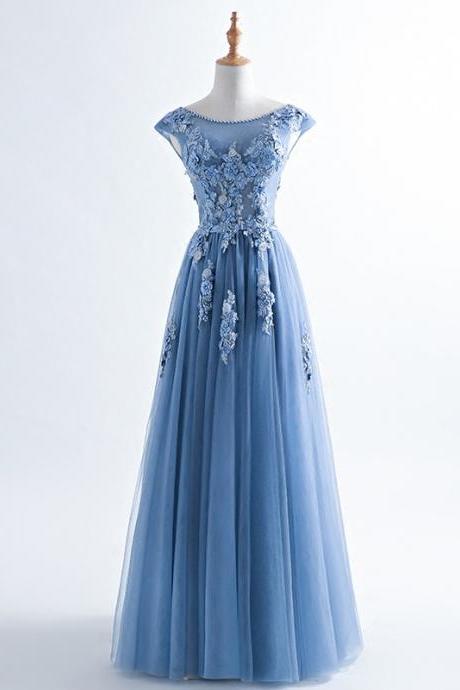 Cap Sleeves Prom Dress Elegant Blue Party Dress Formal Dress,custom Made