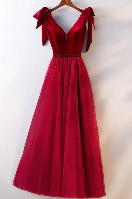 V-neck Evening Dress Red Prom Dress Charming Party Dress,custom Made