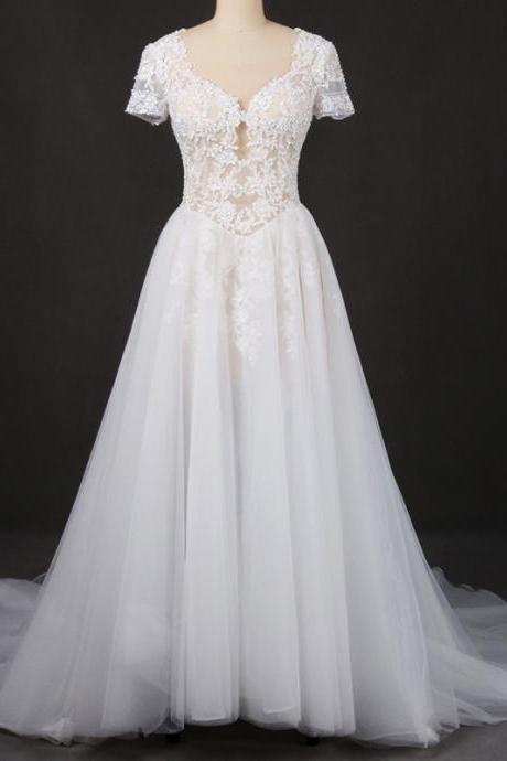 Cap sleeves wedding dress white bridal dress illusinon wedding dress,Custom Made