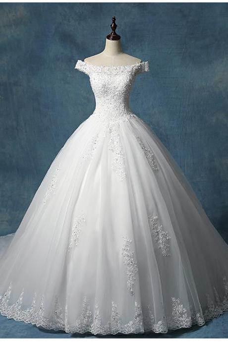 Off shoulder wedding dress simple tulle bridal dress ball gown wedding dress,Custom Made