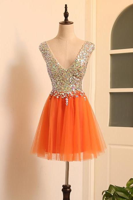 V-neck homecoming dress cute girl dress orange mini prom dress with beads,Custom Made
