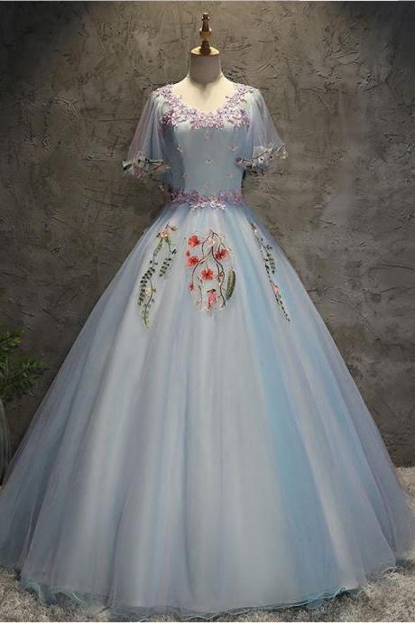 Off shoulder party dress blue prom dress v-neck ball gown with embroidered,Custom Made