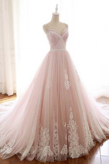 Spaghetti straps prom dress pink bridal dress lace a-line dress,Custom Made
