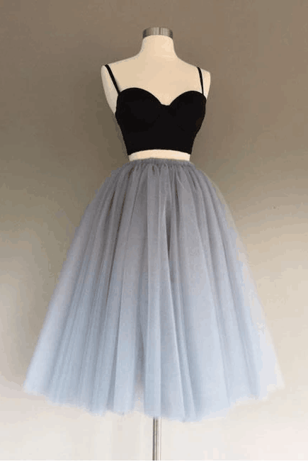 Two piece prom dress tulle party dress spaghetti straps short dress,Custom Made