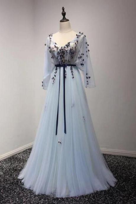 A-line prom dress tulle party dress light blue evening dress,Custom Made