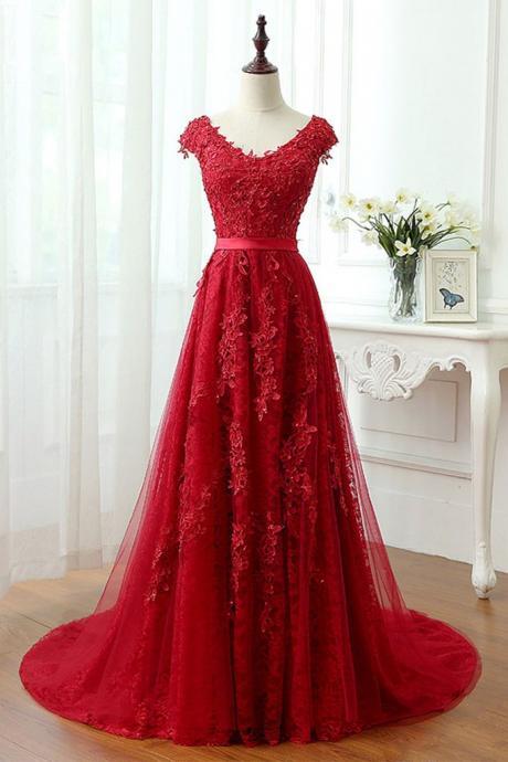 Charming Red Tulle Applique Lace Prom Dress,cap Sleeves Evening Dresses,red Lace Prom Dresses,custom Made