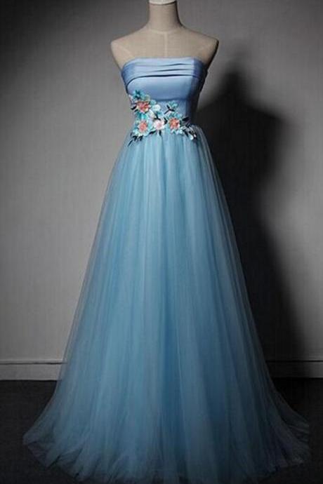 Strapless prom dress blue evening dress elegant party dress with appliques,custom made