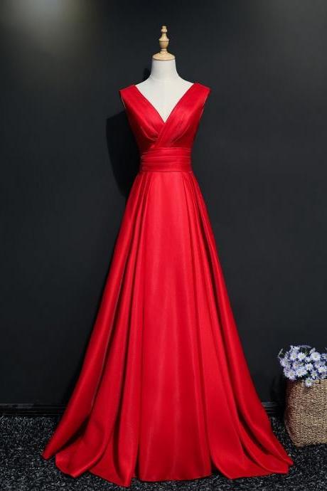 Red Prom Dress V-neck Evening Dress Satin Simple Party Dress,custom Made