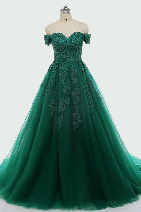 Green prom dress off shoulder party dress tulle evening dress,custom made