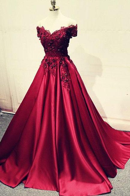 Burgundy lace off shoulder long prom dress, lace evening dress,custom made