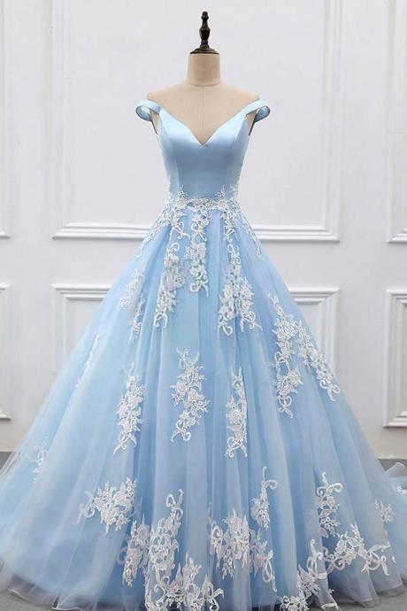 Ball Gown Off-the-shoulder Court Train Blue Tulle Prom Dress,custom Made