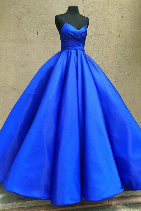 Royal Blue Ball Gown,Blue Prom Dress,Spoaghetti Straps Evening Dress,V-Neck Party Gown,Custom Made