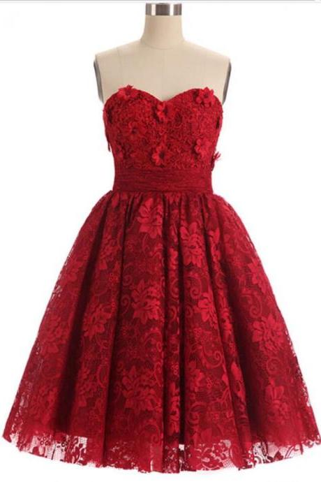 Strapless Prom Dress Red Party Dress Lace Homecoming Dress,custom Made