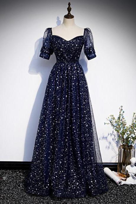 Party Elegant Temperament Long Fairy Dream Forest Department Starry Sky Dress Navy Blue Evening Dress,custom Made