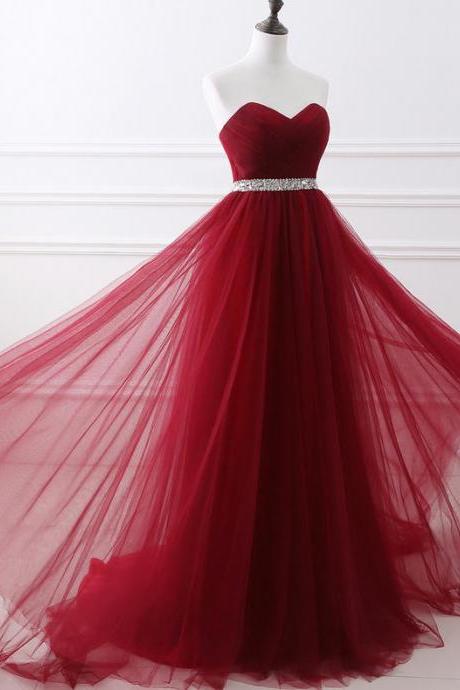 Strapless prom dress red party dress tulle evening dress with beads,custom made