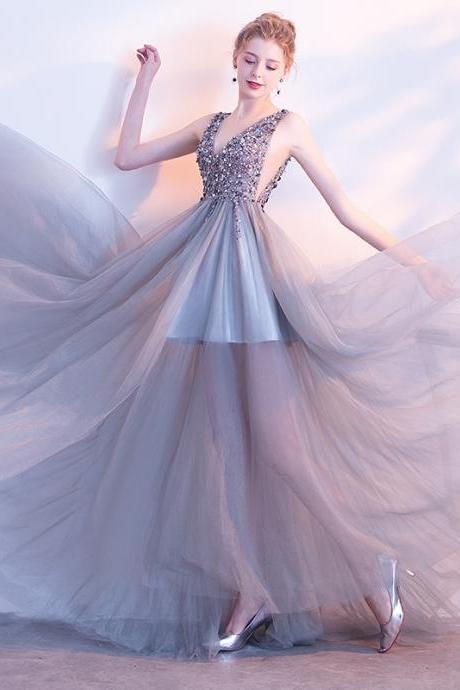 Gray Prom Dress V-neck Evening Dress Demure, Elegant, Sexy, Fashion Dress,custom Made
