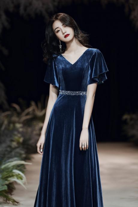 Blue Evening Dress Custom Made Elegant Dress Sexy Prom Dress Velvet Dress,custom Made