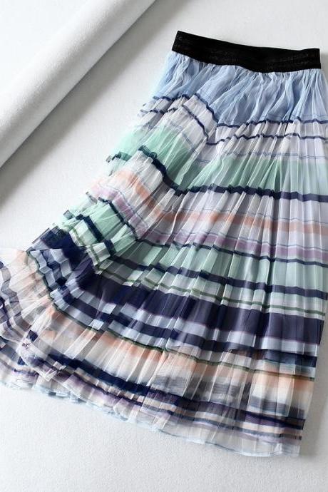 Women&amp;#039;s wholesale new high waist rainbow stripe mesh pleated half skirt