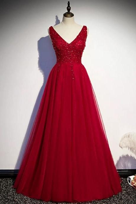 V-neck Prom Dress Red Party Dress Charming Evening Dress With Beads,custom Made