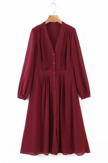 Cheap Sales spring&amp;#039;s new fashion pleated long-sleeve dress V-Neck simple dress