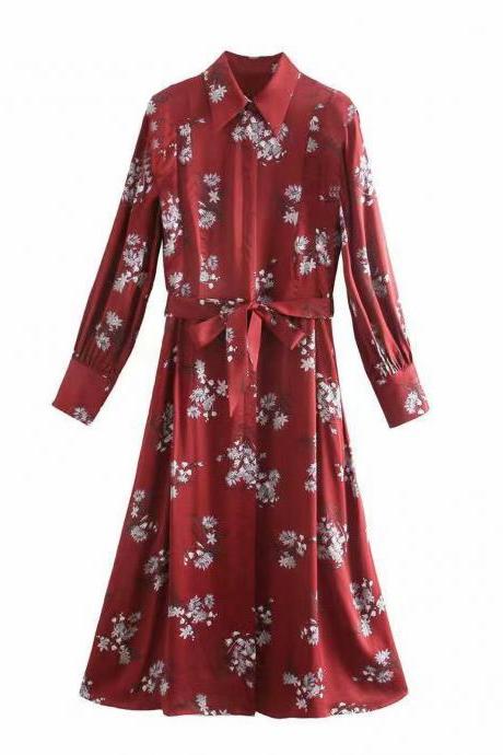 Spring belt floral simple shirt dress long sleeve fashion dress