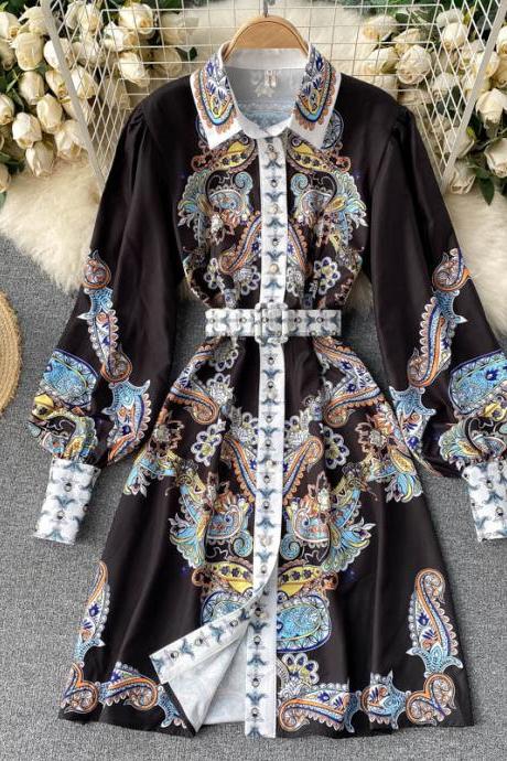 Spring Dress Palace Style Dress, Lady Polo Collar, Slim Short Style Retro Totem Print, Small Dress