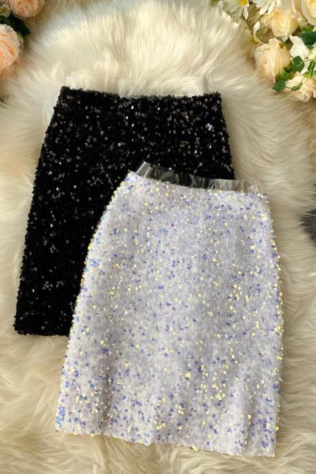 Shiny sequin skirt, high waist, bling bling, A-line skirt