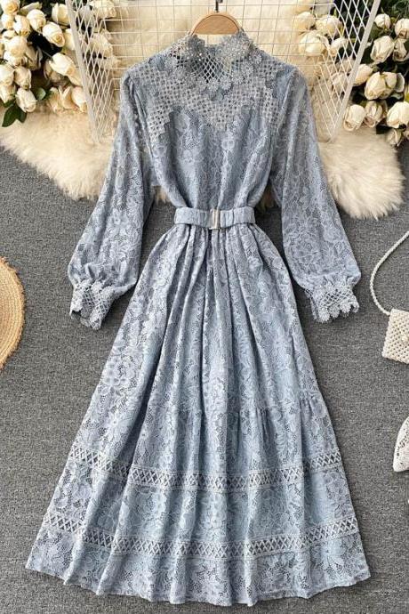 Elegant dress, new design, hollowed-out lace, slim stand collar, medium length fairy dress