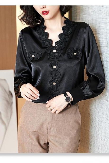 Hollow lace patchwork, V-neck edge, long sleeve silk blouse,.CHEAP SALES!