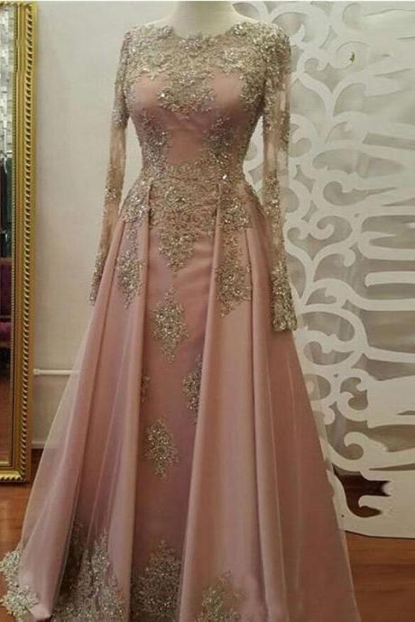 Gold lace evening dress, long sleeved prom dress, hollow evening dress,custom made