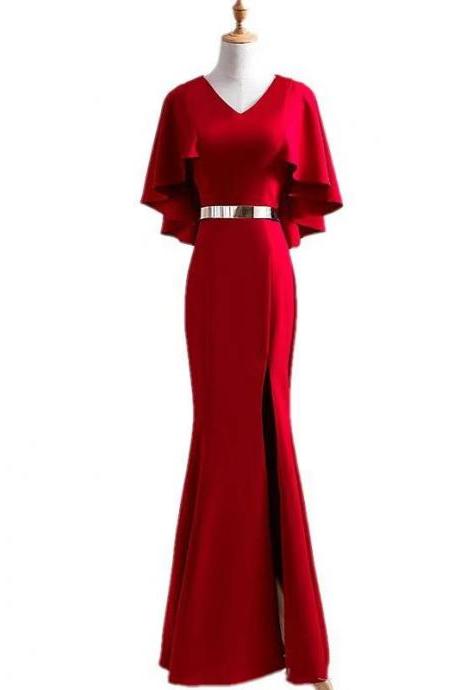 Half-sleeve V-neck, Red Maimadi Evening Dress,side Slits, Floor Length, Formal Dress,custom Made