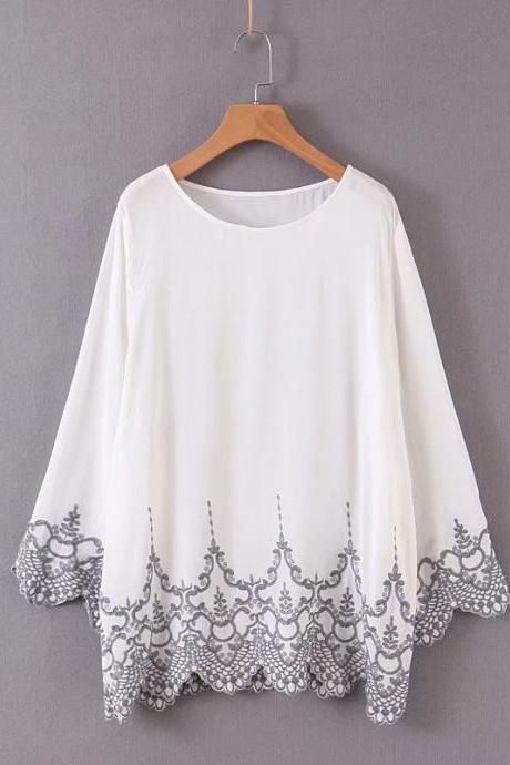 Summer new style, round neck, long sleeves, embroidered lace hem, loose jumper top