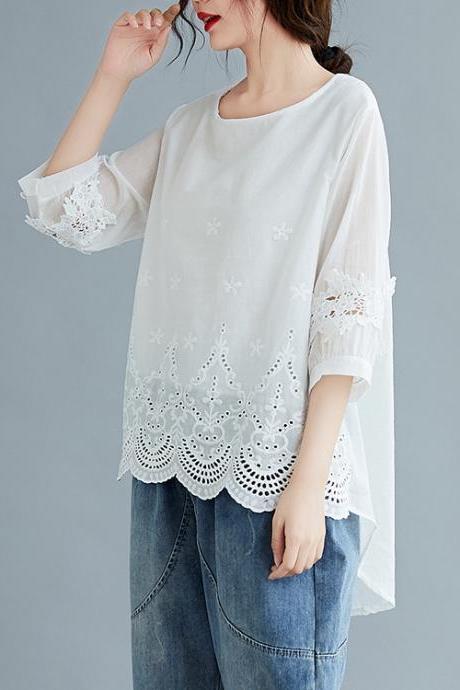 New summer style, large size women's top, fat lace splicing style, loose and irregular pullover, short sleeve shirt