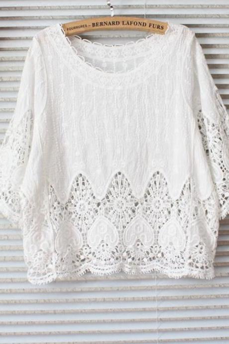 Embroidery hollowed-out, lace blouse, all-cotton exterior with sunscreen shirt, loose large size short top