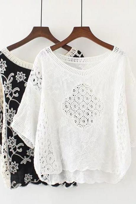 New fashion,loose exterior, sunscreen sleeve, embroidery hollowout, pretty lace top