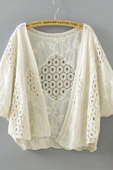 Bat Sleeves, Pure Cotton Cardigan, Hollow-out Embroidered Sunblock Shirt, Loose Beach Shirt