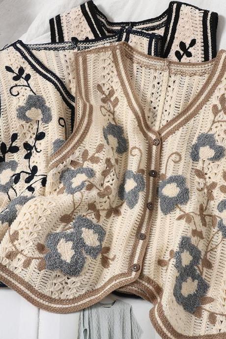 Embroidered hook flower, knit vest fashion, V-neck little cardigan